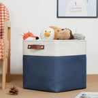 DULLEMELO Foldable Storage Cubes 12 x 12 Organizer Bins,Canvas Storage Bins Empty Gift Baskets for Organizing with SturdyLeather Handles, Closet Baskets for Nursery Storage(4 Pack - 12" White&Blue)