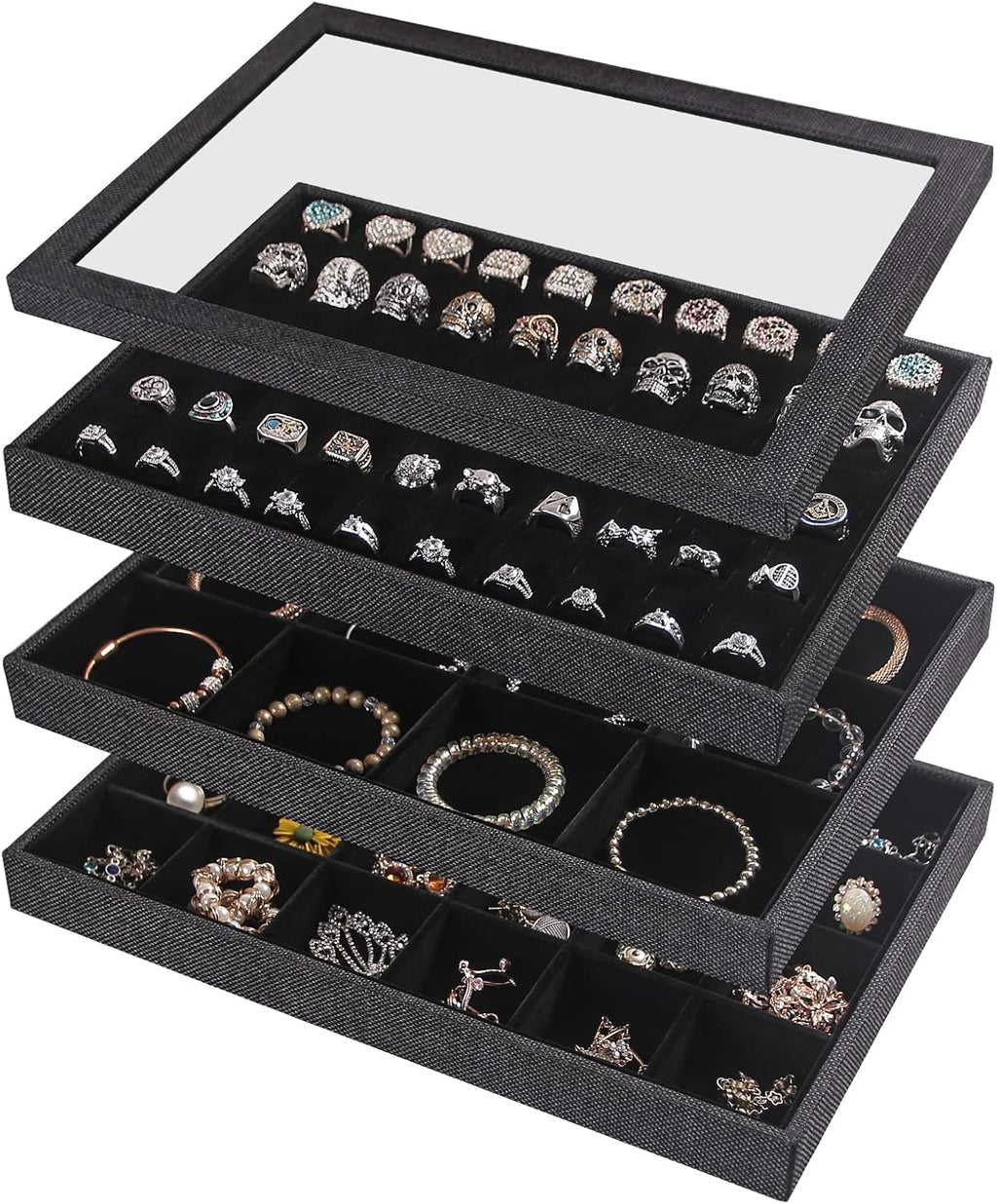 Julysky 4 Pcs/set Stackable Jewelry Organizer Trays with Glass Lid,100 Slots Ring Holder,Bracelet Displays Stand for Selling Necklace Earring Rack