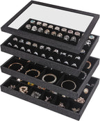 Julysky 4 Pcs/set Stackable Jewelry Organizer Trays with Glass Lid,100 Slots Ring Holder,Bracelet Displays Stand for Selling Necklace Earring Rack