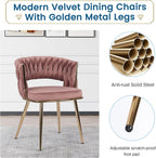 KCC Modern Velvet Dining Chairs Set of 6, Upholstered Living Room Chair with Woven Back and Golden Metal Legs, Mid-Century Accent Side Chair for Dining Room, Kitchen, Rose