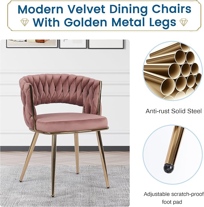 KCC Modern Velvet Dining Chairs Set of 4, Upholstered Living Room Chair with Woven Back and Golden Metal Legs, Mid-Century Accent Side Chair for Dining Room, Kitchen, Rose
