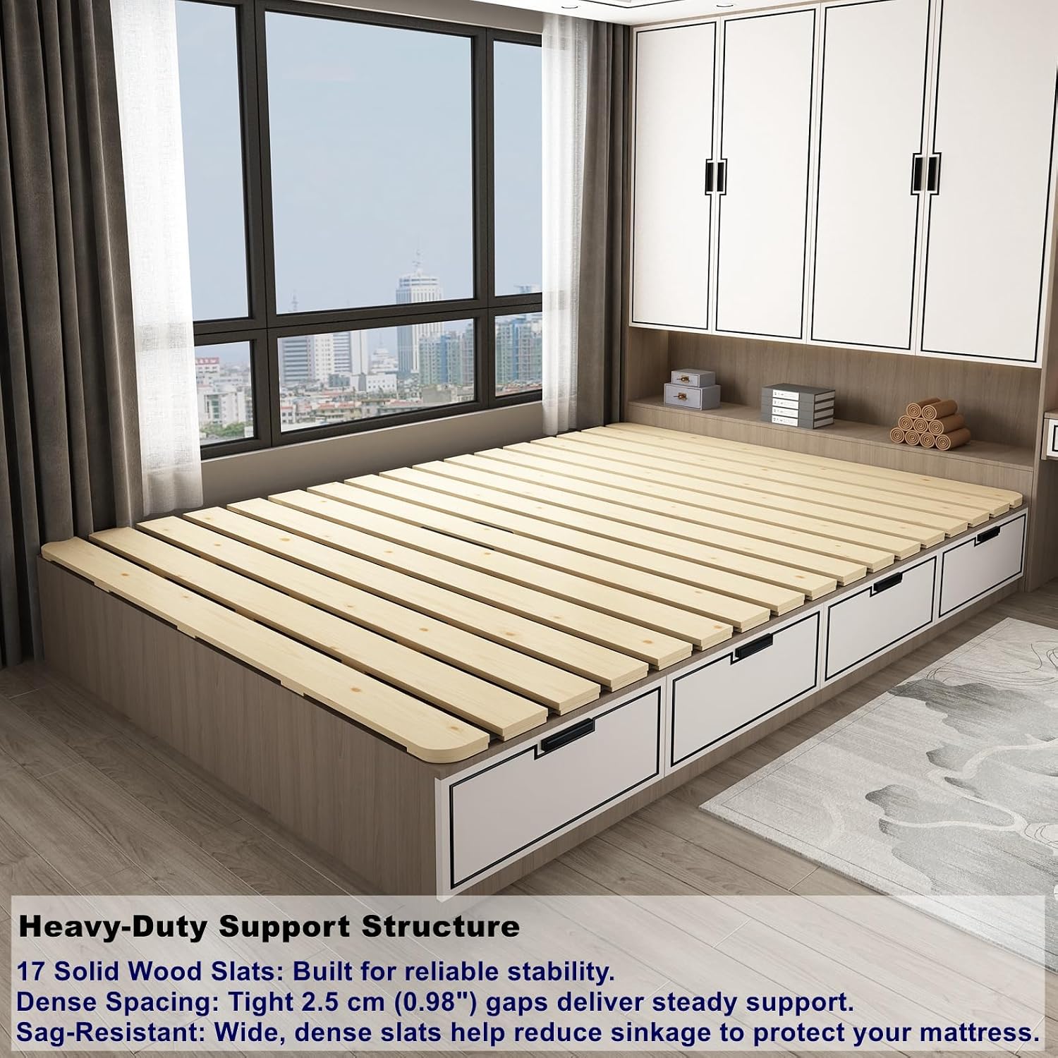 Floor Bed Frame King Size, Breathable Wooden Bed Plate, Wood Roll-Type Slatted Bed for Japanese Futon Mattress, Floor Sleep Bedding (King)