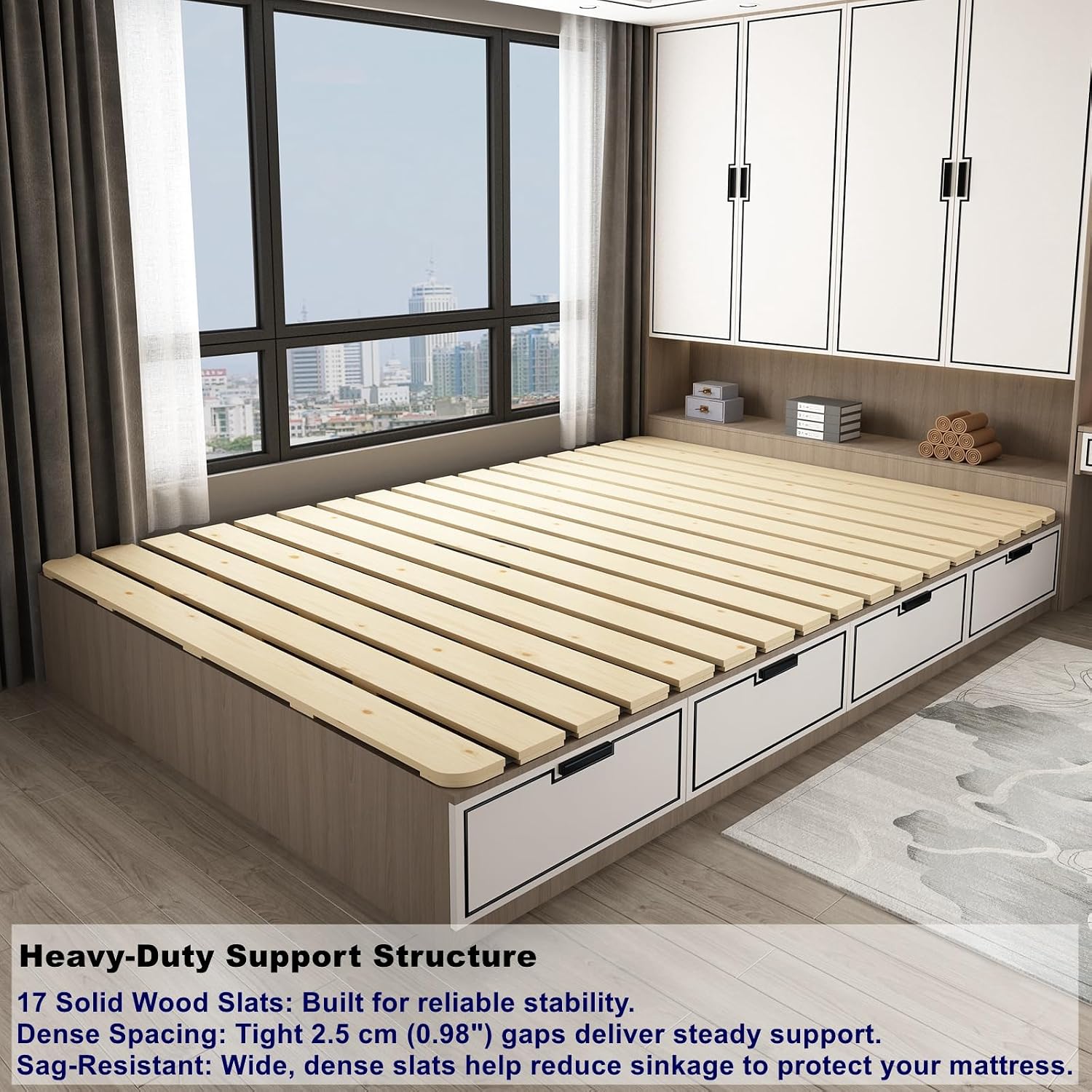 Foldable Floor Bed Frame, Breathable Wooden Roll-Up Slats Base for Japanese Futon Mattress, Low Profile Sleep Bedding (Queen)