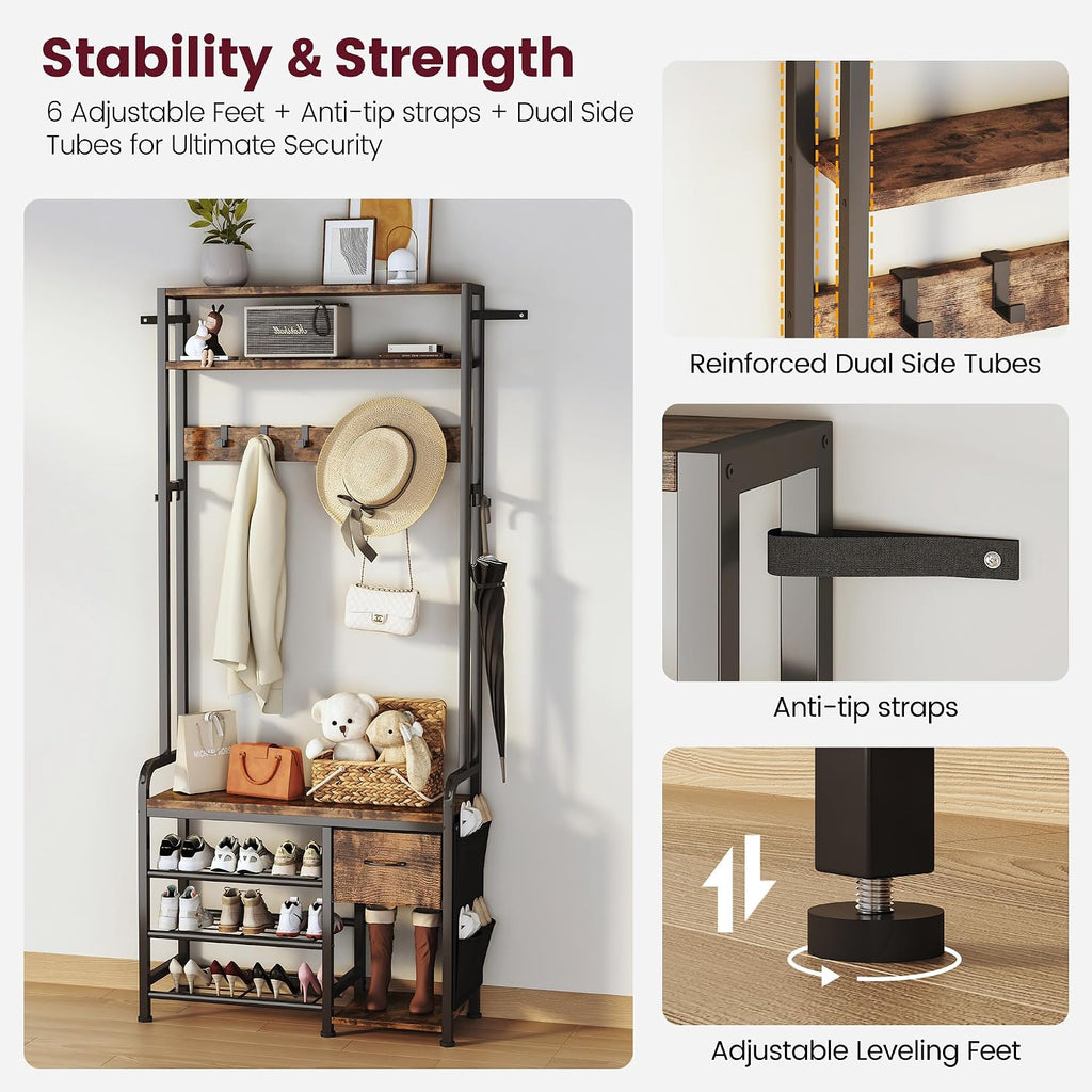 Homeiju Hall Tree with Bench and Shoe Storage, 3-in-1 Entryway Organizer with 6+2 Hooks, Coat Rack with Adjustable Feet for Stability, Mudroom Furniture with Storage Shelf