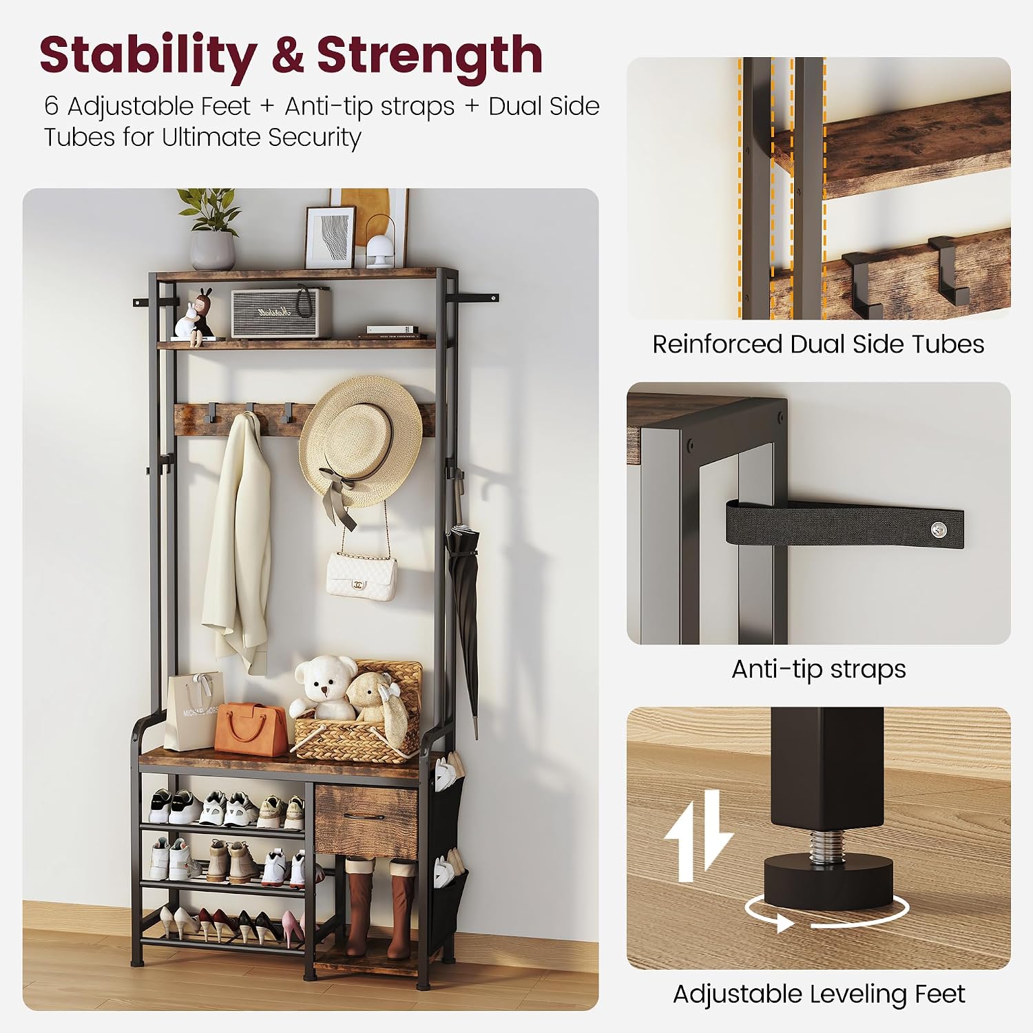 Homeiju Hall Tree with Bench and Shoe Storage, 3-in-1 Entryway Organizer with 6+2 Hooks, Coat Rack with Adjustable Feet for Stability, Mudroom Furniture with Storage Shelf