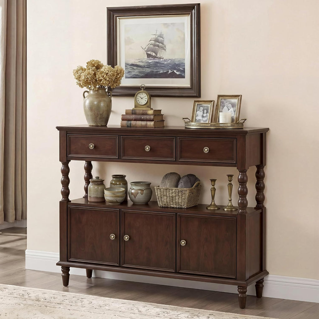 45.3'' Solid Wood Console Table, Retro Sofa Table with 3 Drawers & 2 Cabinet, Long Behind Couch Accent Table Console Table Narrow Entryway Table for Living Room, Foyer, Hallway