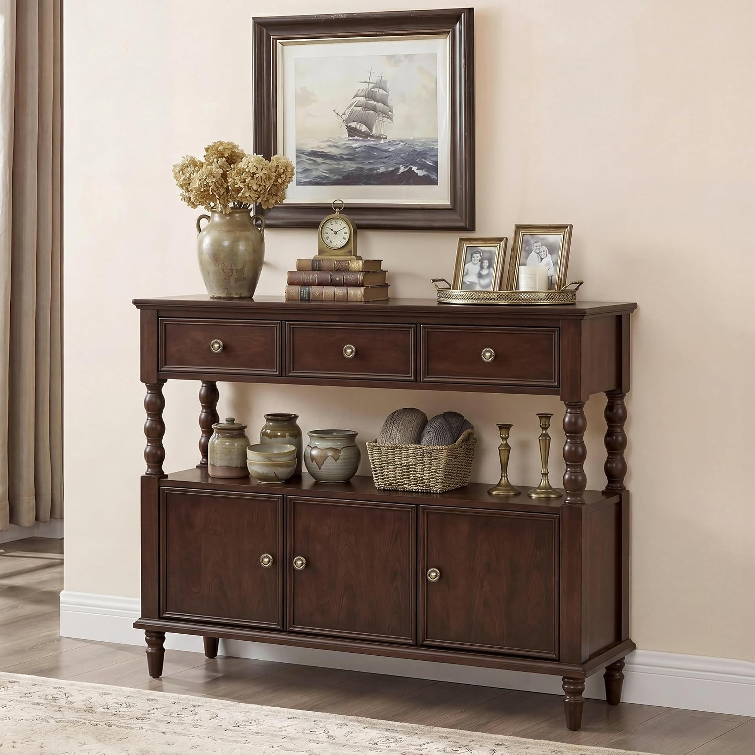 45.3'' Solid Wood Console Table, Retro Sofa Table with 3 Drawers & 2 Cabinet, Long Behind Couch Accent Table Console Table Narrow Entryway Table for Living Room, Foyer, Hallway