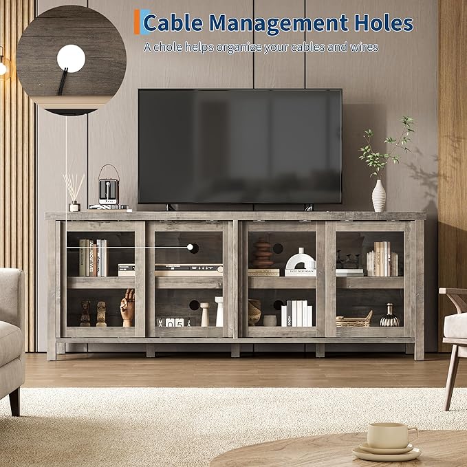 GAOMON TV Stand for 65" with Entertainment Center, Storage Cabinet, 4 Sliding Glass Doors, Mid Century Modern Media TV Console Table for Living Room Bedroom, Grey