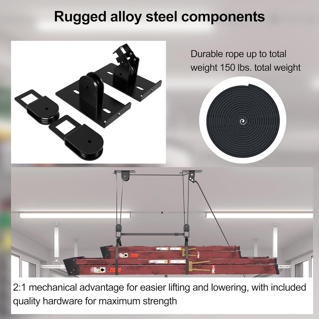 TRUSOON Ladder Storage, Larger Pulley Ladder Hoist, Self Locking Function Ladder Hanger, Garage Ceiling Mount Lift System for Kayak, Cargo Box, Canoe, Bike,Fit 10-14 Foot Ceilings, Hold 150 lbs