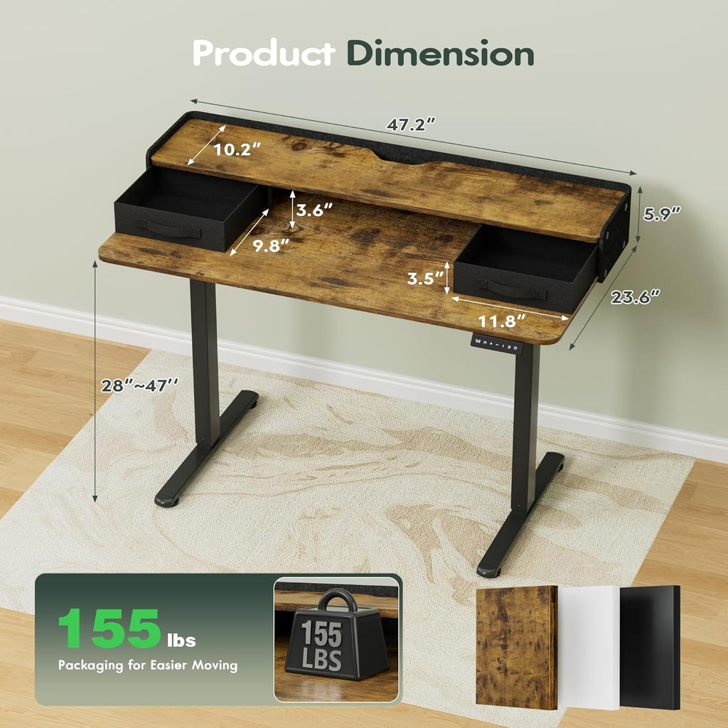 Homall Electric Standing Desk with 2 Drawers, Adjustable Height Computer Desk with Monitor Shelf Sit Stand Table with Splice Board Quick Install for Home Office (Rustic Brown, 48 Inch)