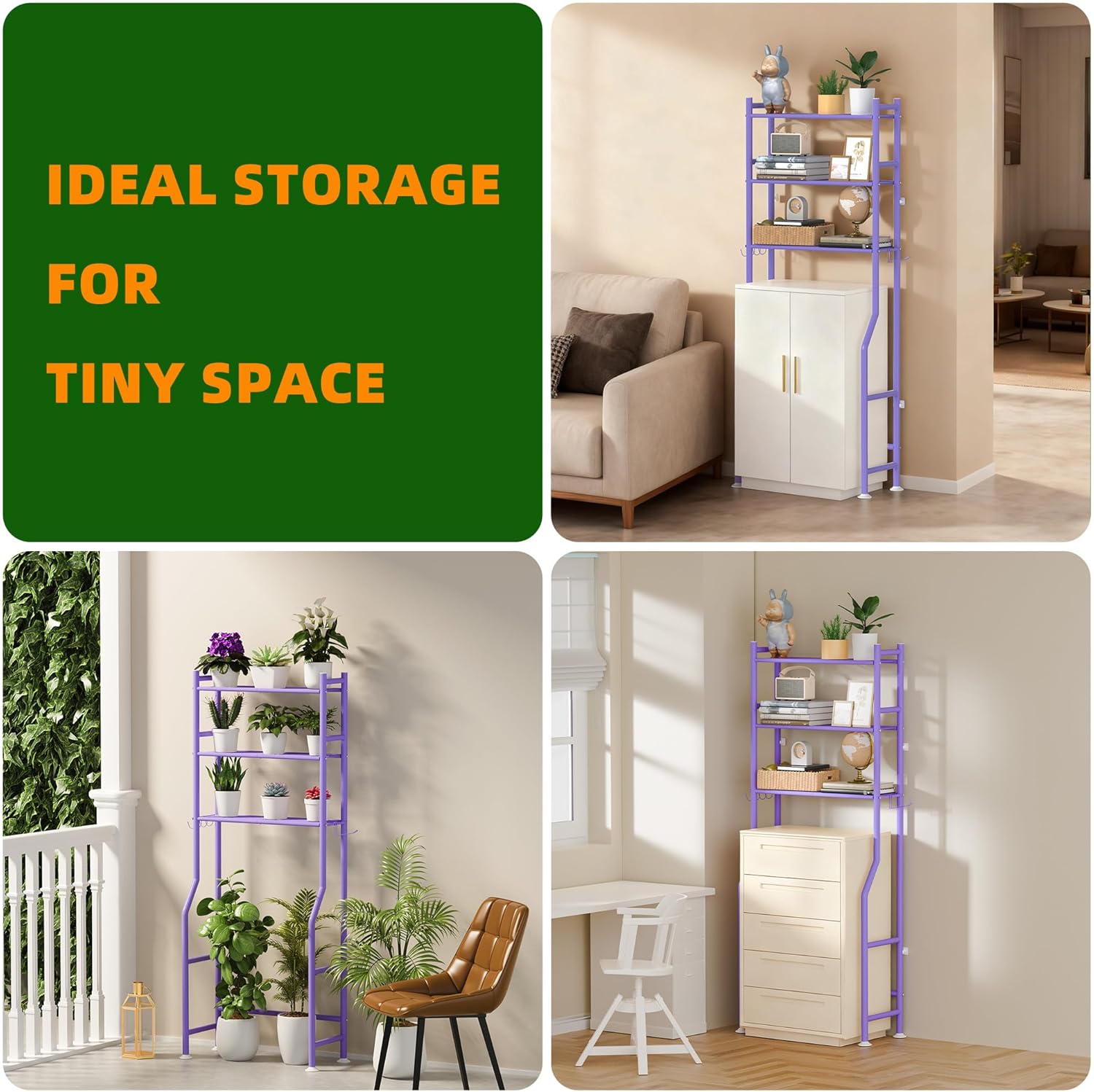 3-Tier Over The Toilet Storage, Space Saver Metal Bathroom Shelves, Freestanding Above Over Toilet Storage Shelf with 4 Hooks for Bathroom, Purple