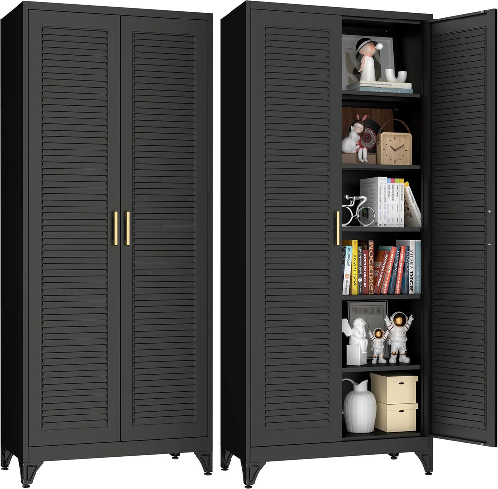 75" Tall Kitchen Storage Cabinets with 5 Adjustable Shelves, Black | Metal Storage Cabinet, Pantry with Louvered Doors, Large Cupboard, Locker for Kitchen, Office, School, Living Room, Dining