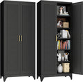 75" Tall Kitchen Storage Cabinets with 5 Adjustable Shelves, Black | Metal Storage Cabinet, Pantry with Louvered Doors, Large Cupboard, Locker for Kitchen, Office, School, Living Room, Dining