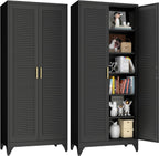 75" Tall Kitchen Storage Cabinets with 5 Adjustable Shelves, Black | Metal Storage Cabinet, Pantry with Louvered Doors, Large Cupboard, Locker for Kitchen, Office, School, Living Room, Dining