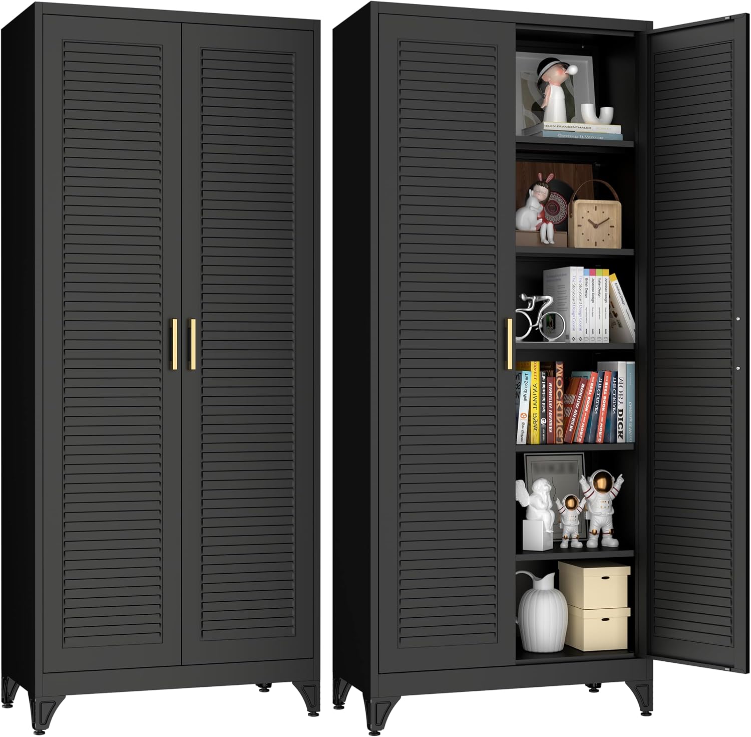 75" Tall Kitchen Storage Cabinets with 5 Adjustable Shelves, Black | Metal Storage Cabinet, Pantry with Louvered Doors, Large Cupboard, Locker for Kitchen, Office, School, Living Room, Dining