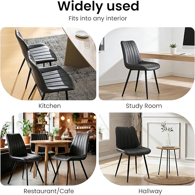 CLIPOP Dining Chairs Set of 4, Upholstered Kitchen Chairs with Comfortable Faux Leather Seat, Metal Legs, Modern Black Leather Dining Chairs, Easy Assembly