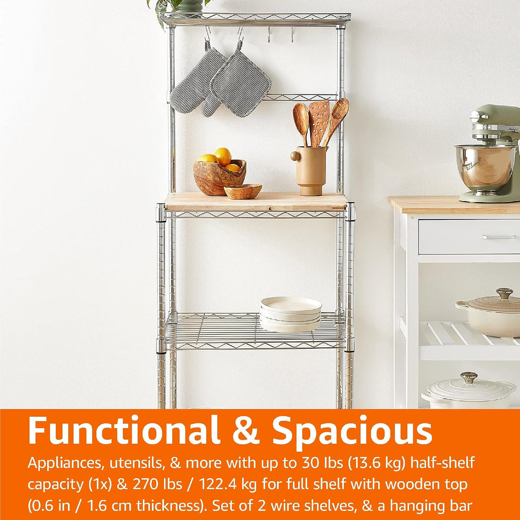Amazon Basics Kitchen Storage Baker's Rack with Removable Wood Top, Chrome/Beige, 24"W x 59"H x 18"D