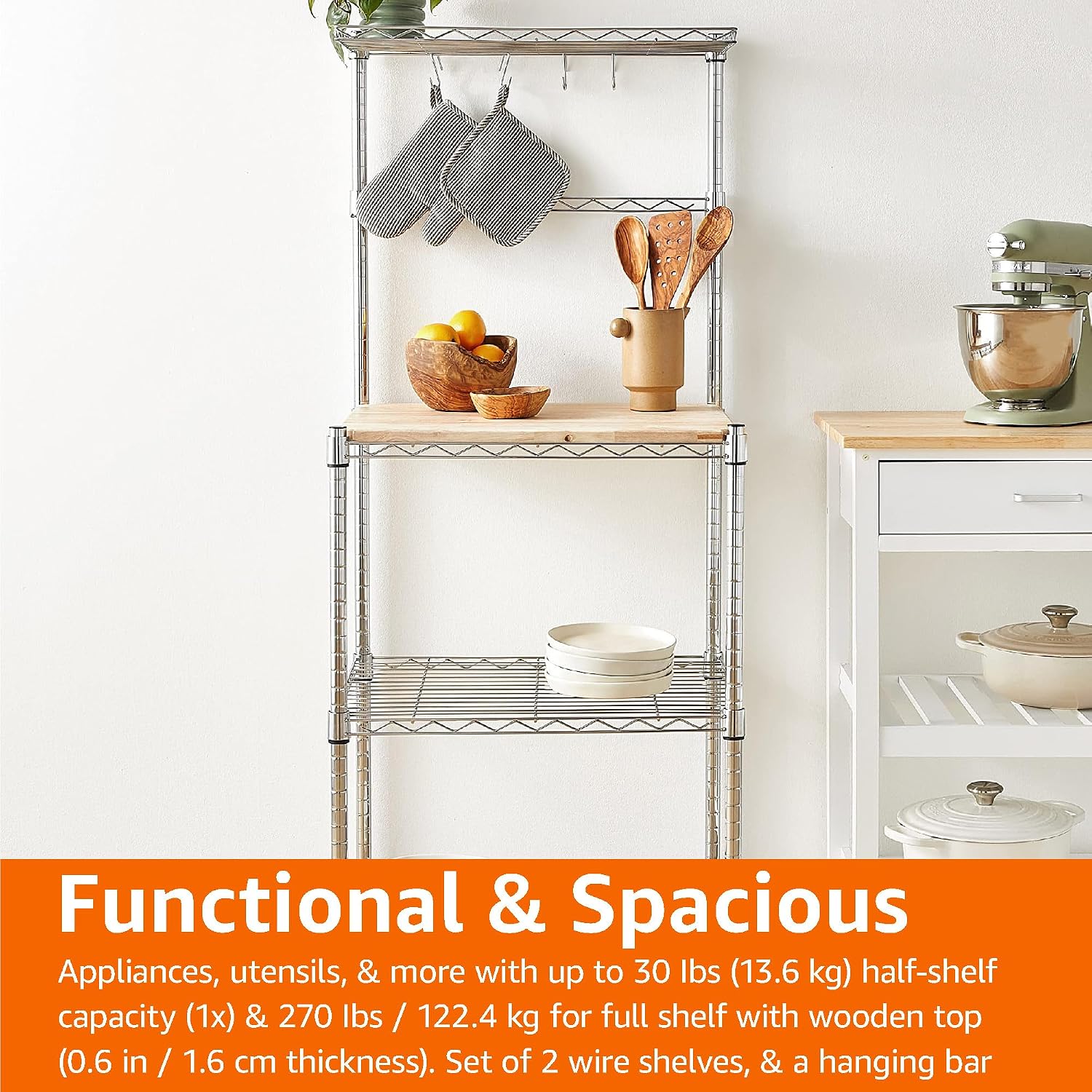 Amazon Basics Kitchen Storage Baker's Rack with Removable Wood Top, Chrome/Beige, 24"W x 59"H x 18"D