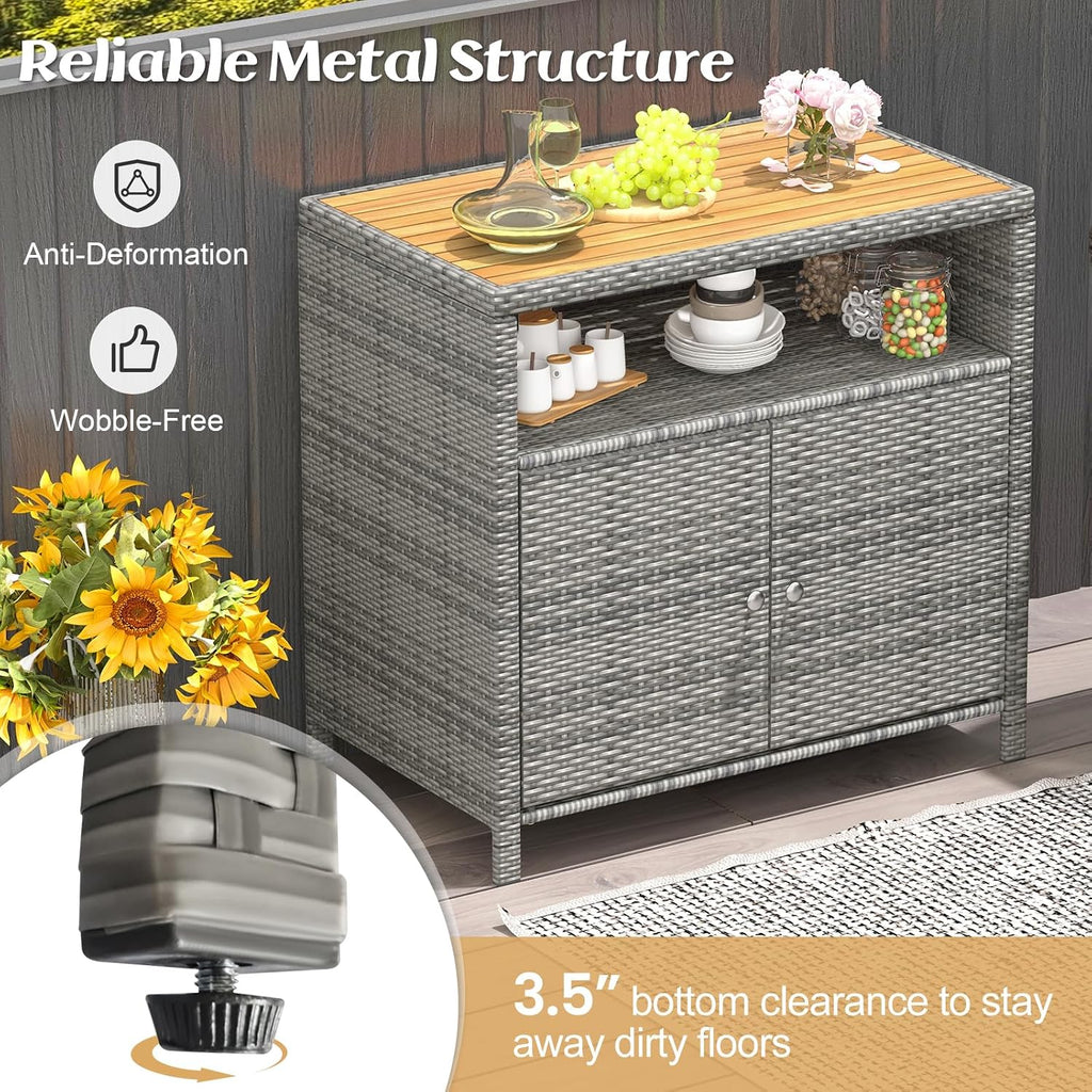 RELAX4LIFE Wicker Outdoor Bar Cabinet - PE Rattan Patio Bar Table w/Acacia Wood Countertop, Open Shelf & 2 Doors, Buffet Sideboard Organizer for Garden Backyard Pool, Outside Storage Cabinet (Grey)