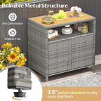 RELAX4LIFE Wicker Outdoor Bar Cabinet - PE Rattan Patio Bar Table w/Acacia Wood Countertop, Open Shelf & 2 Doors, Buffet Sideboard Organizer for Garden Backyard Pool, Outside Storage Cabinet (Grey)