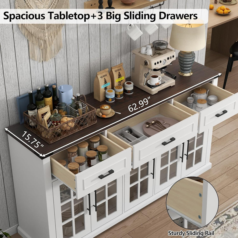 63" Buffet Cabinet with Glass Doors, Farmhouse Sideboard with 3 Drawers