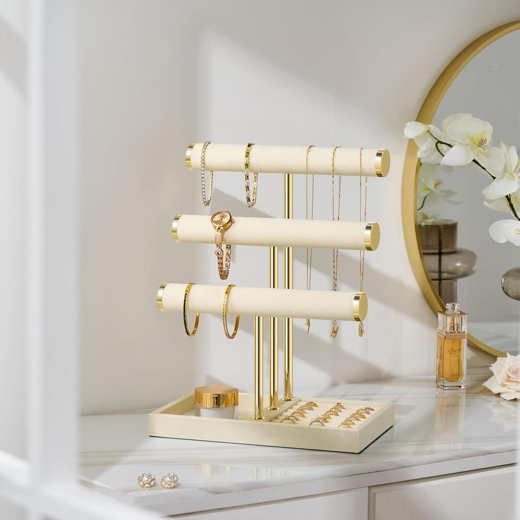 3 Tier Bracelet Holder Display - Detachable T Bar Beige Velvet Bracelet Holder, Jewelry Holder Organizer for Bracelet, Necklace, Earrings, Rings