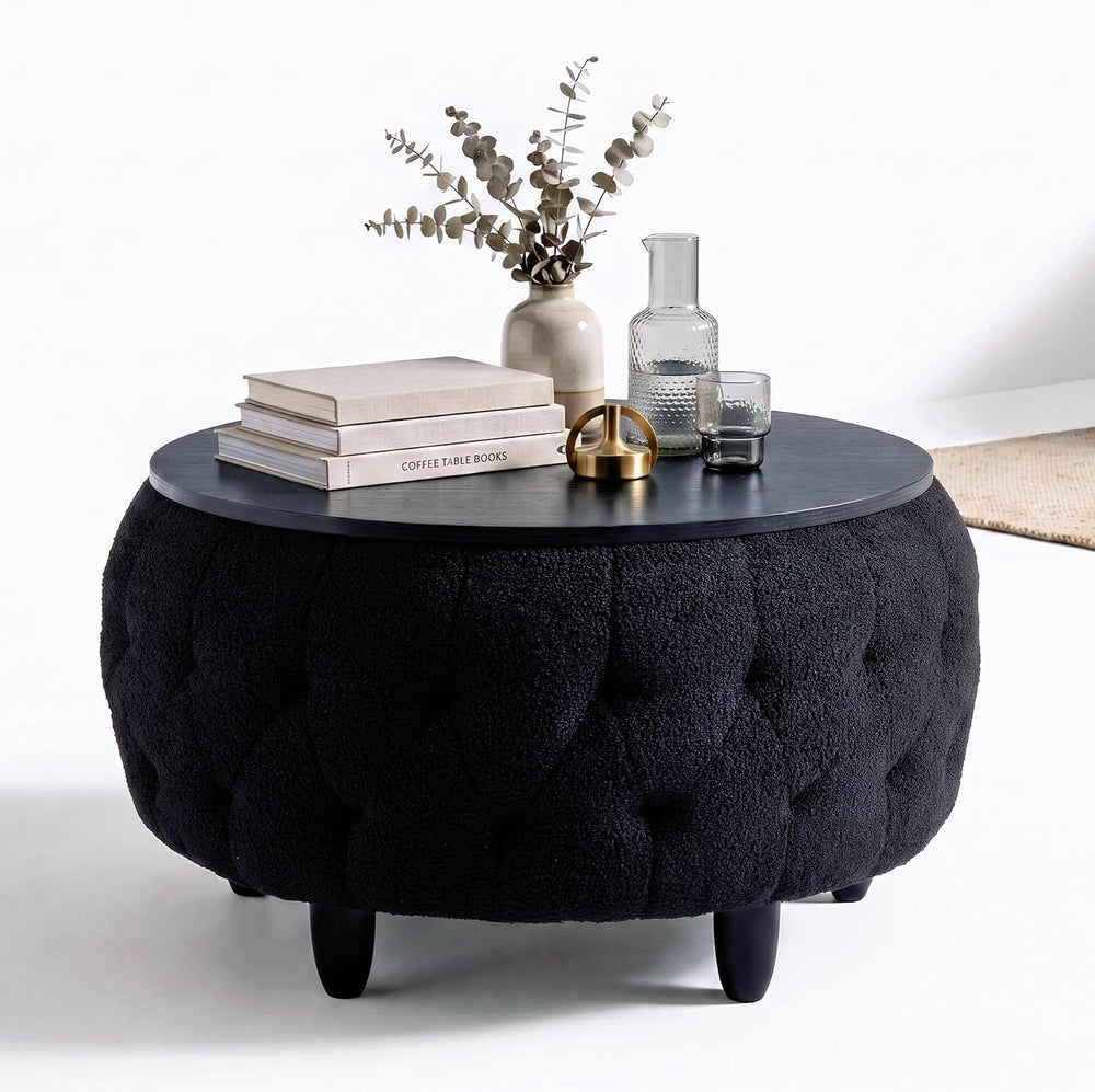 Large Round Storage Ottoman Coffee Table with Wooden Tabletop, 32 Inches Tedd...