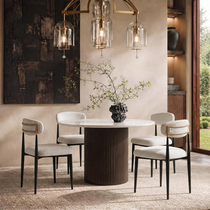 42 Inch Round Dining Table for 4, Modern White Marble Table with Fluted Solid Wood Base for Kitchen, Dining Room and Apartment