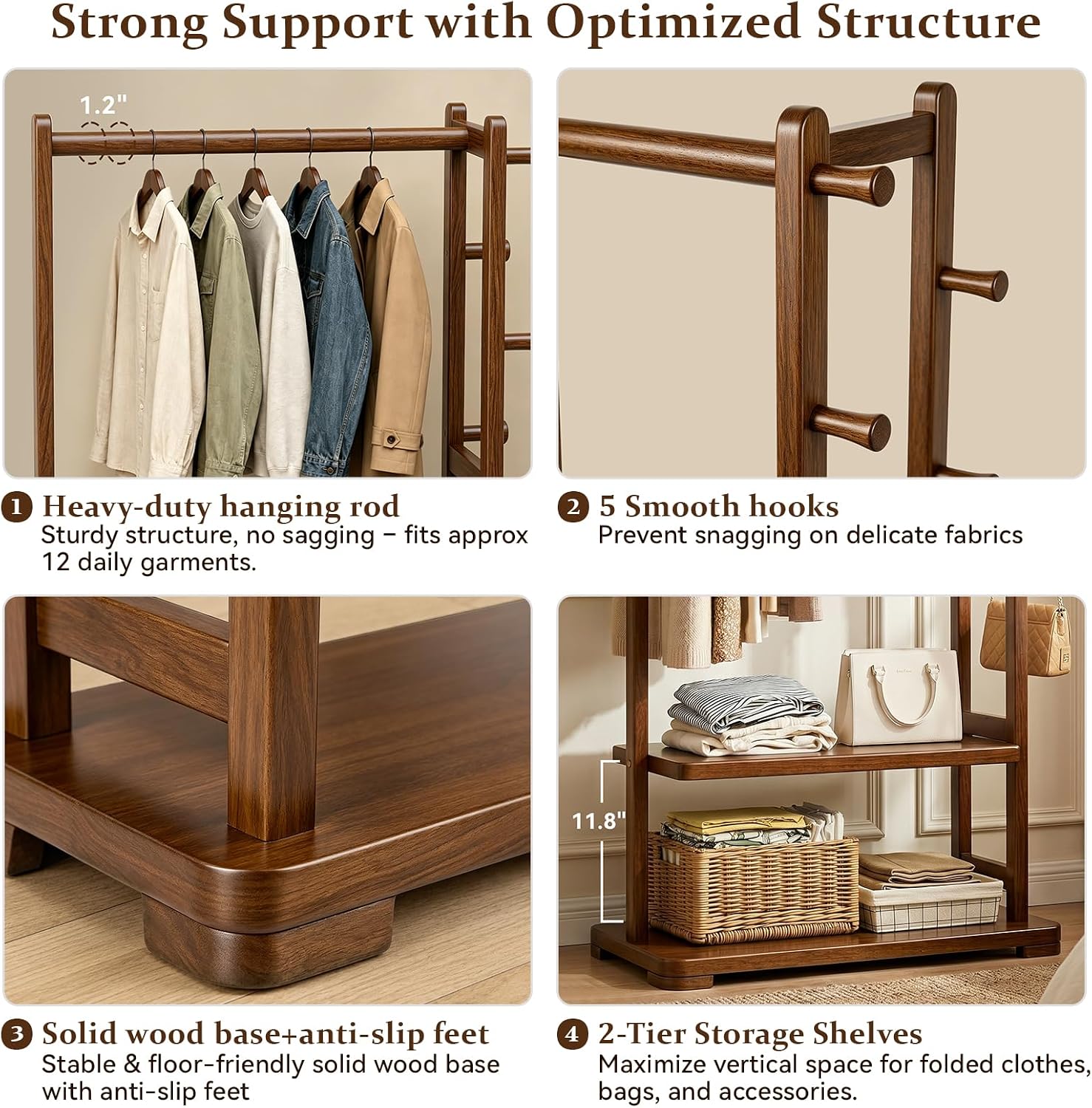 Taitiy Coat Rack Solid Wood Clothes Rack with 2 Shelves & 5 Hooks for Hanging Clothes Garment Wallets Hats, Clothing Rack Heavy Duty Coat Rack Freestanding with Storage Hall Tree for Hallway Bedroom