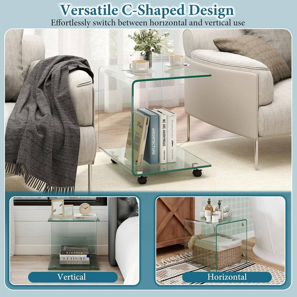 Tangkula Tempered Glass Side Table, Modern C-Shaped Bedside Table Nightstand ...