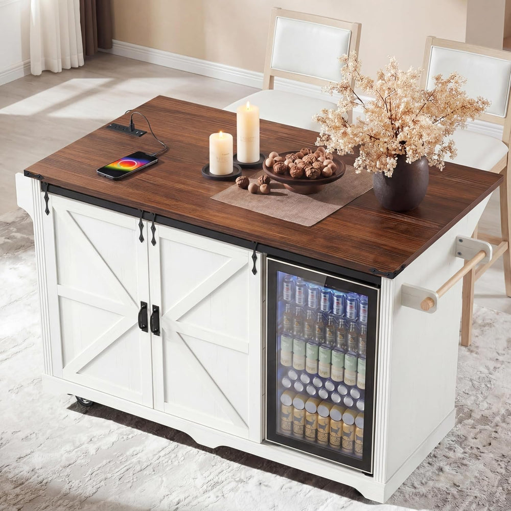 Merax 72" Farmhouse Rolling Kitchen Island with Drop Leaf, White | Coffe...