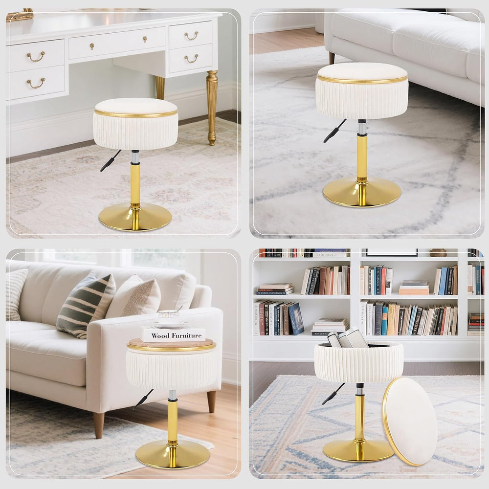 Adjustable Vanity Stool, Velvet Makeup Stool with Storage Beige | Small Vanit...