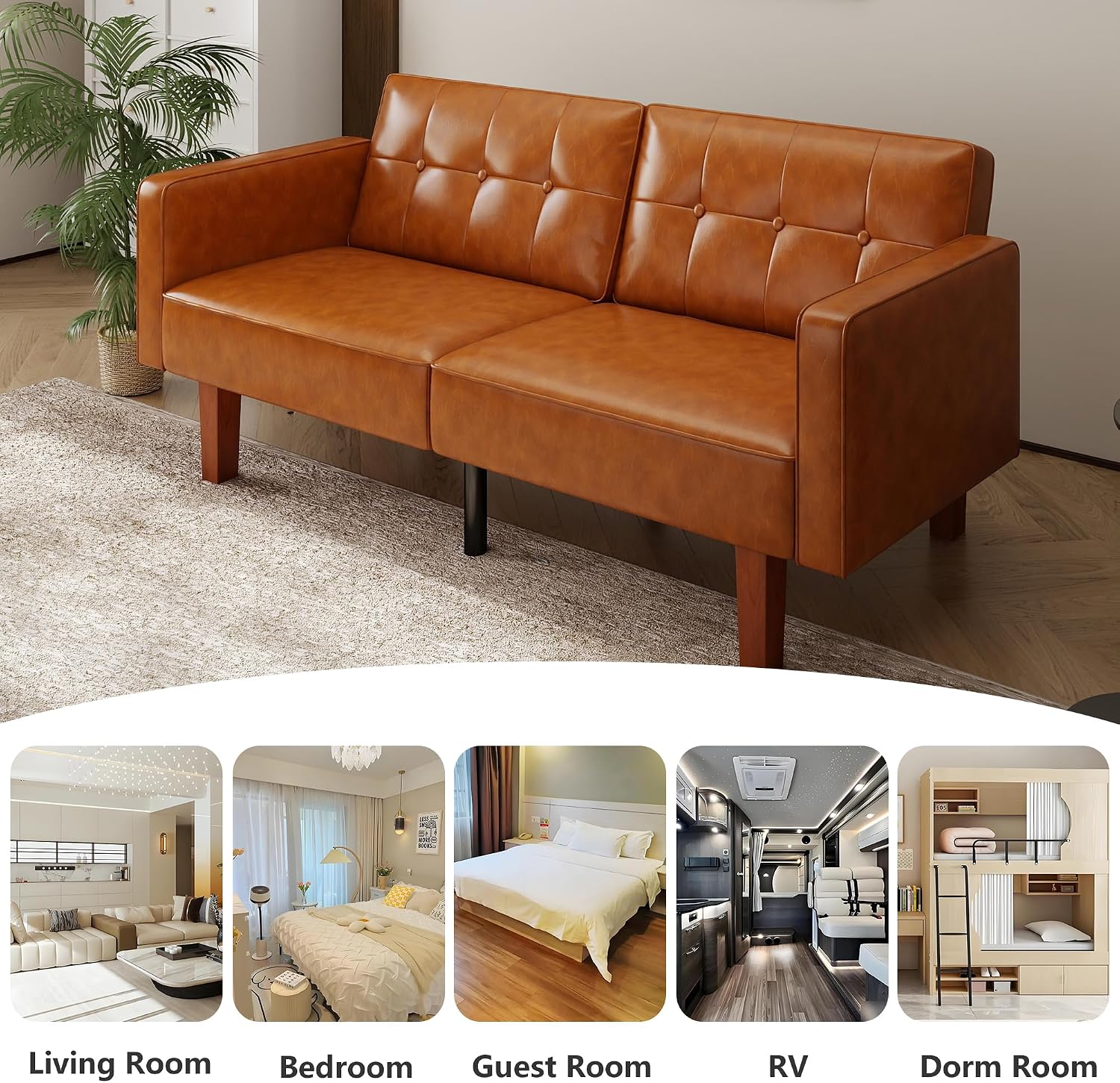 PU Leather Brown Futon Sofa Bed with Split Back,Mid Century Modern Convertible Sleeper Couch Beds,68.11" Tufted Loveseat Futons for Living Room RV, Small Spaces