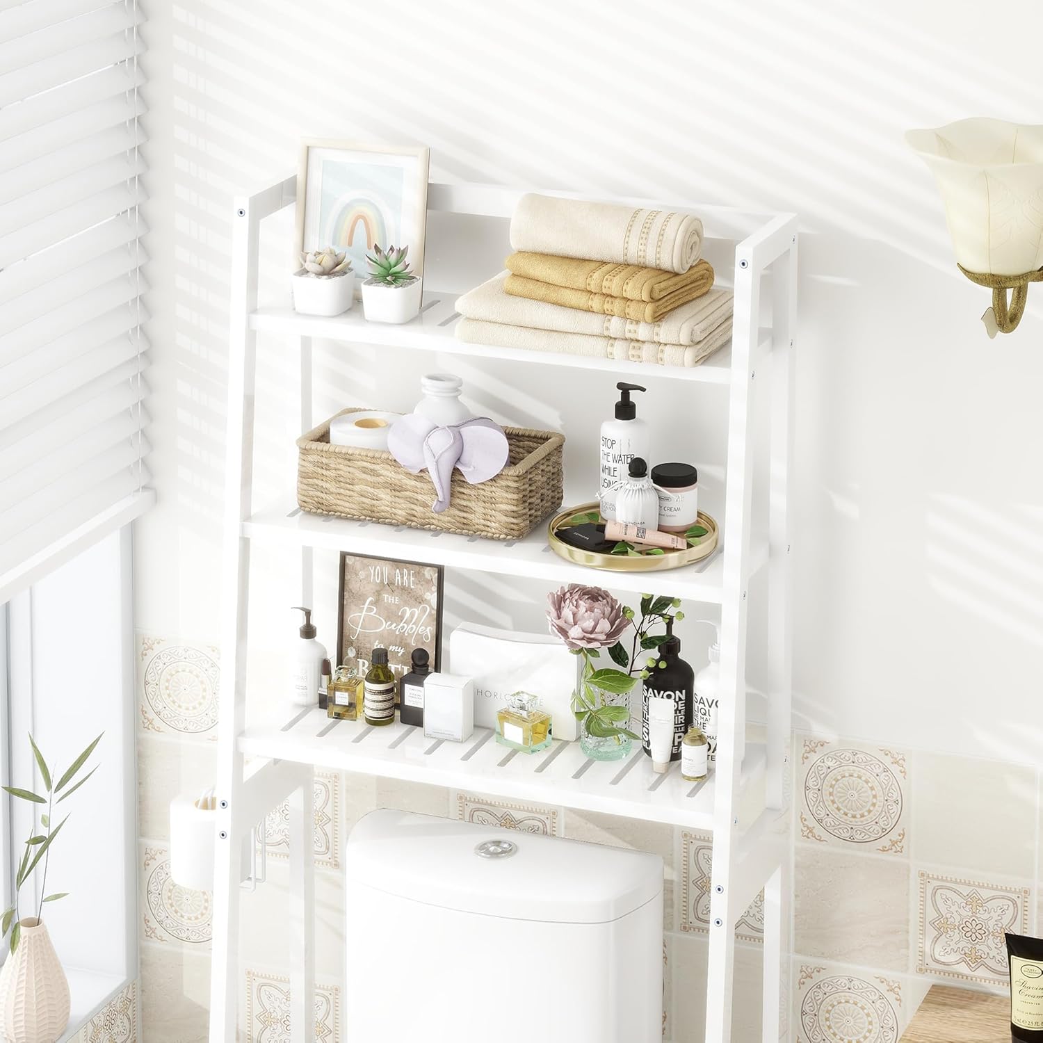 MallKing Over The Toilet Storage, Wooden 3-Tier Over-The-Toilet Rack Bathroom Space Saver Organizer, Freestanding Above Toilet with Toilet Paper Holder and Hooks (White)