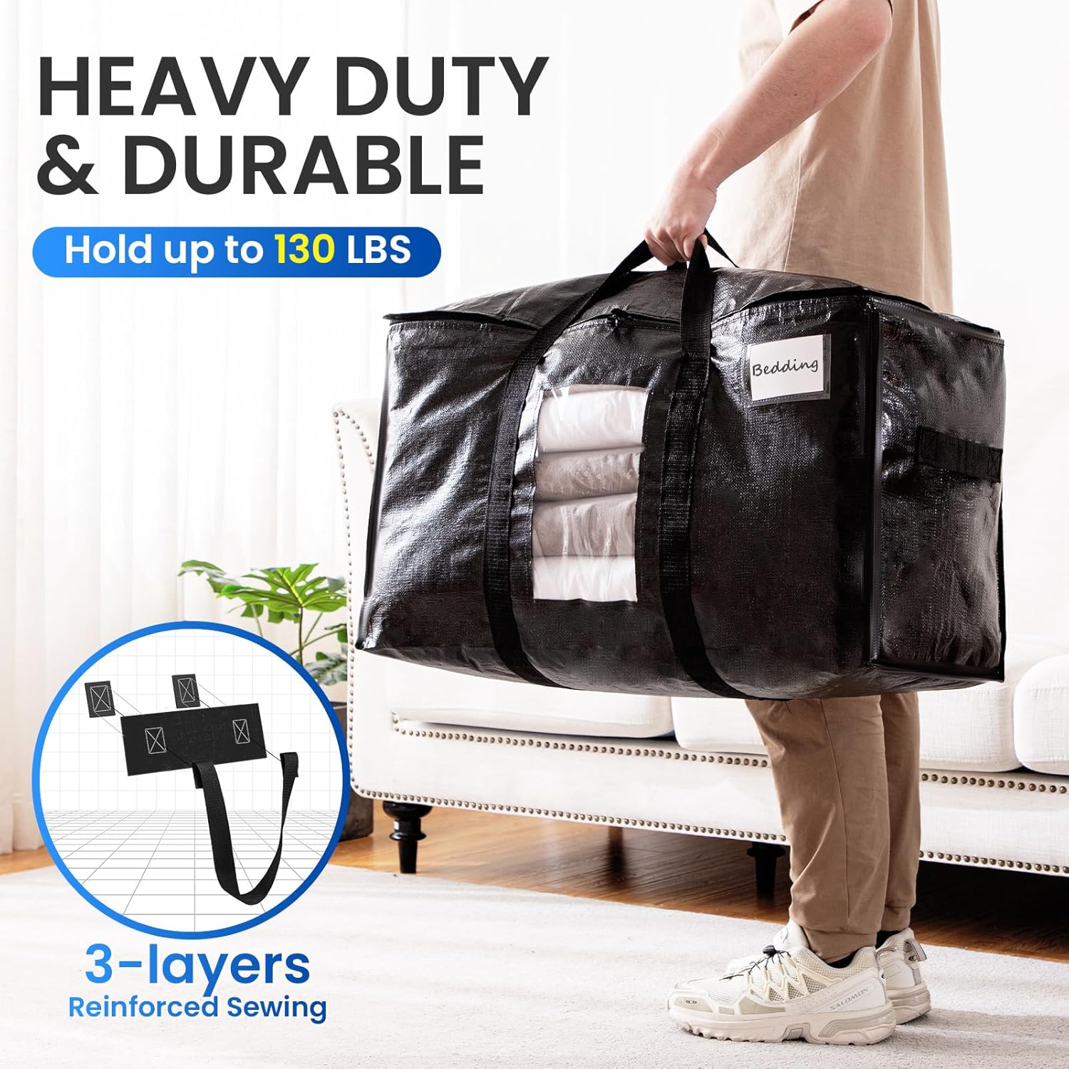 TAILI Extra Large Moving Bags, 2 Pack Black Heavy Duty Totes for Storage with Visible Window, Wrap Around Handles, Storage Bags for Space Saving, Alternative to Moving Boxes