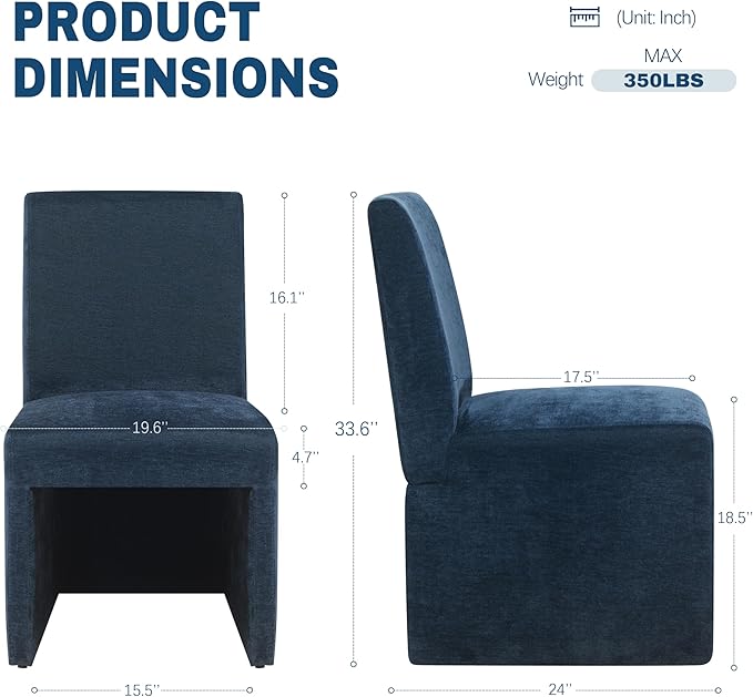 Blue Upholstered Dining Chairs Set of 2, Kitchen & Dining Room Chairs, Mid Century Modern Chairs, Linen Dining Chairs with Wooden Frame, Fabric