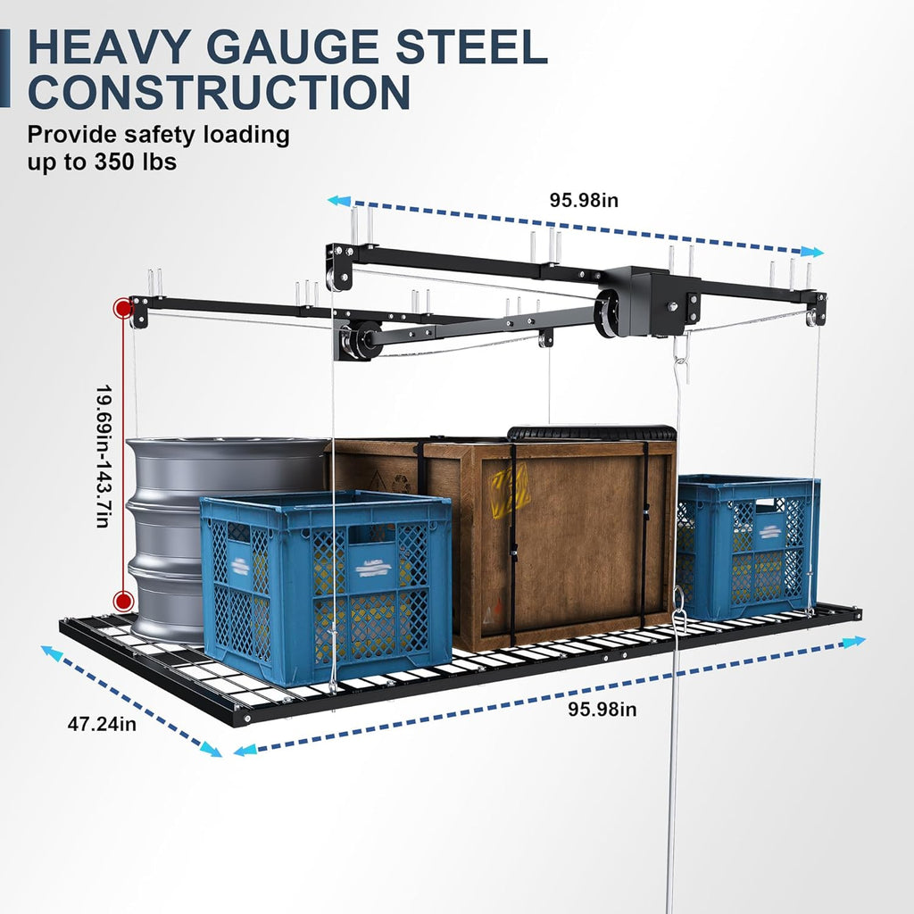 Runboll 4 x 8 Overhead Garage Storage Rack, Ceiling Racks for Garage, Organization Shelving, Adjustable Hanging Shelf, 19"-143" Height Adjustment
