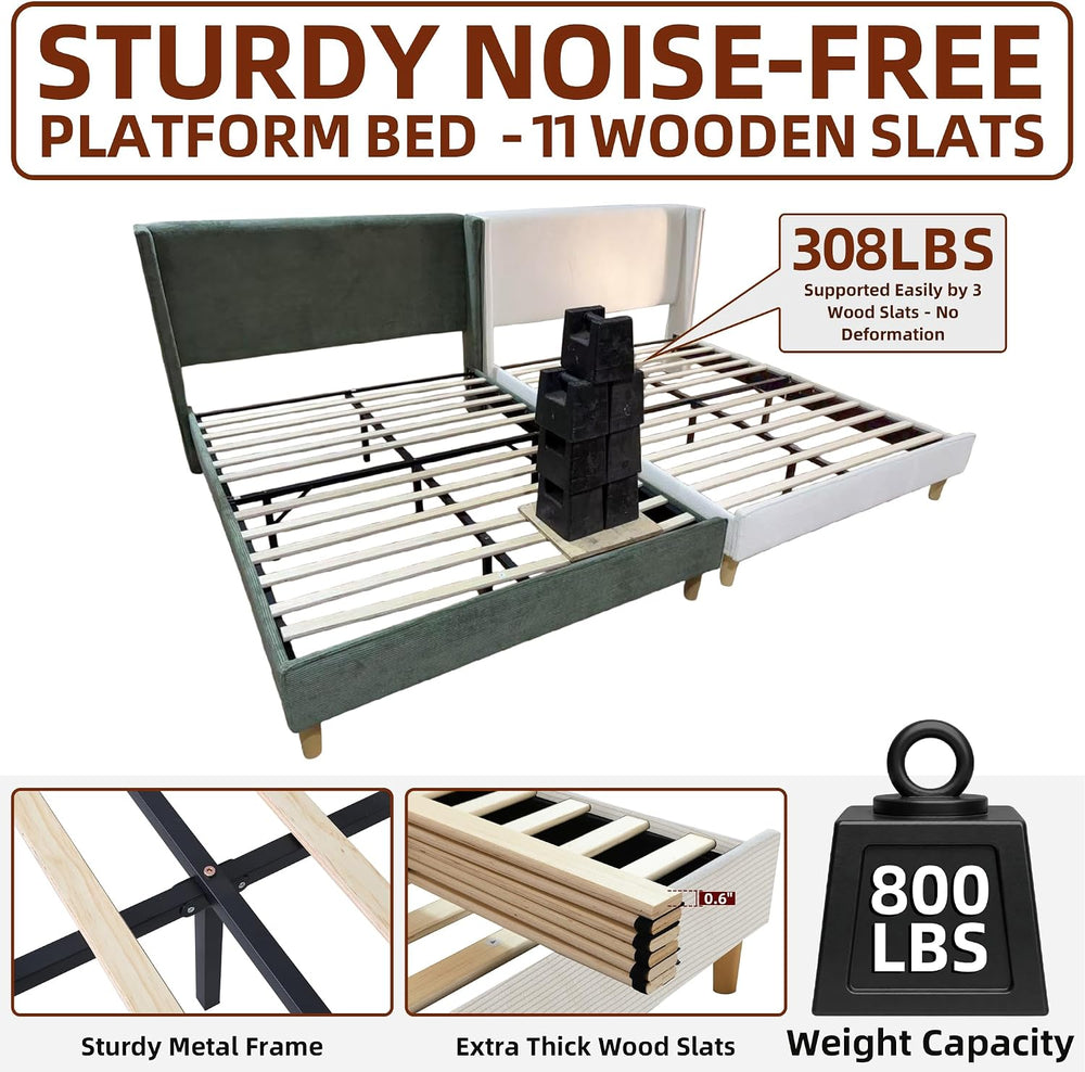 Full Corduroy Upholstered Platform Bed with Headboard Wingback, Cream
