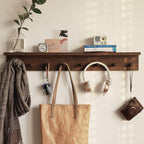 Entrance Coat Rack ，Coat Hooks, Wall-Mounted Wooden Hook Rack, Wall-Mounted Shelves are Very Suitable (Walnut Colored Finish-1)