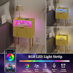 Nightstand with Charging Station, Bedside Table with Storage Drawer, Fluted Side Table for Living Room, Bedroom