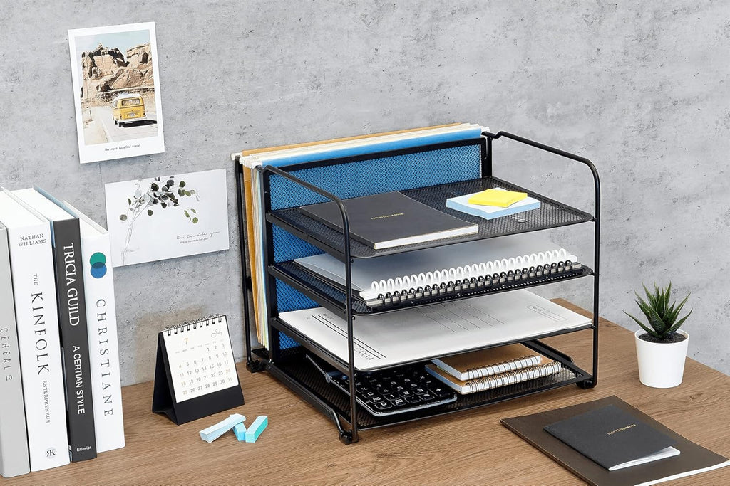 CAXXA 4 Tier Mesh Document Trays with Vertical Upright Section for Hanging File Holders, Mesh Office Supplies Desk Organizer, Black