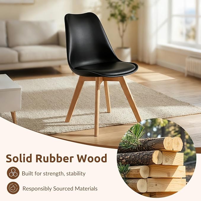 Dining Chairs Set of 8, Modern Upholstered Dining Room Chairs with PU Leather Padded Seat, Armless Kitchen Chairs with Curved Backrest and Solid Wood Legs for Dining Room, Kitchen, Apartment, Black