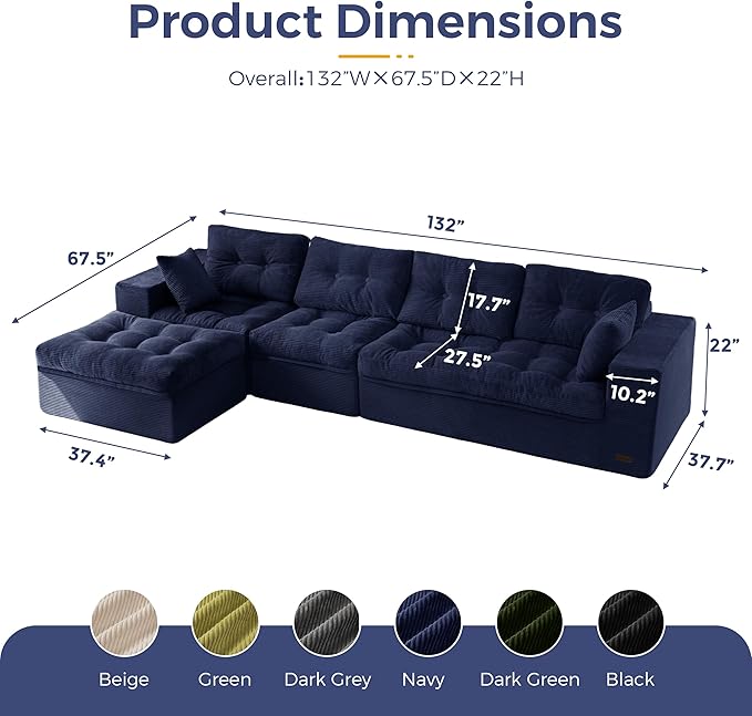 MAXYOYO 132" L Shaped Modular Sectional Sofa with Ottoman, Cloud Boneless Couch with Layered Cushion, Upholstered Sofa in a Box, Flexible Module Combination for Living Room, No Assembly, Navy