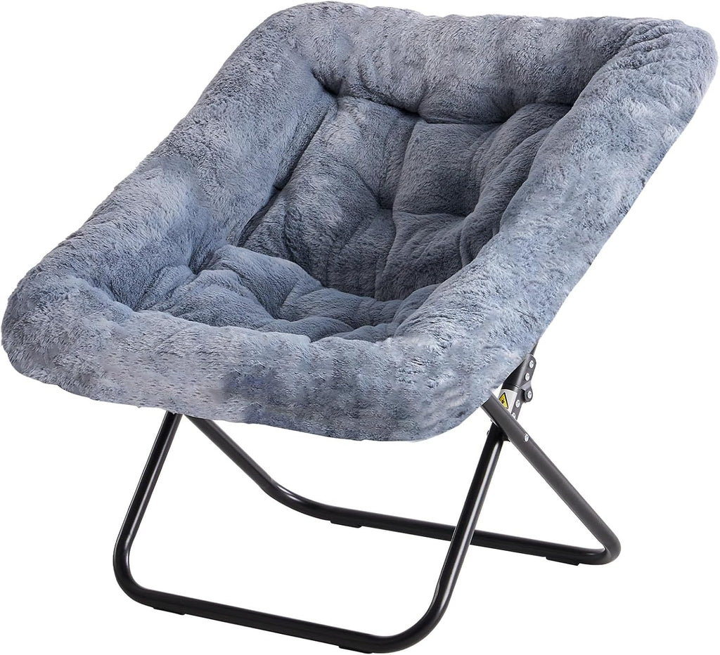 Simple Deluxe Oversized Square Moon Chair for Adults, Soft Faux Fur Folding Lounge Chair with Sturdy Steel Frame, Comfortable Reading Gaming Chair for Living Room, Bedroom, Grey