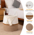 OIAHOMY 60L Blanket Basket with Handle, Storage Basket for Living Room, Laundry Hamper for Clothes, Towels, Pillows, Toy Storage for Kids and Dogs, Baby Hamper for Nursery - Brown & White