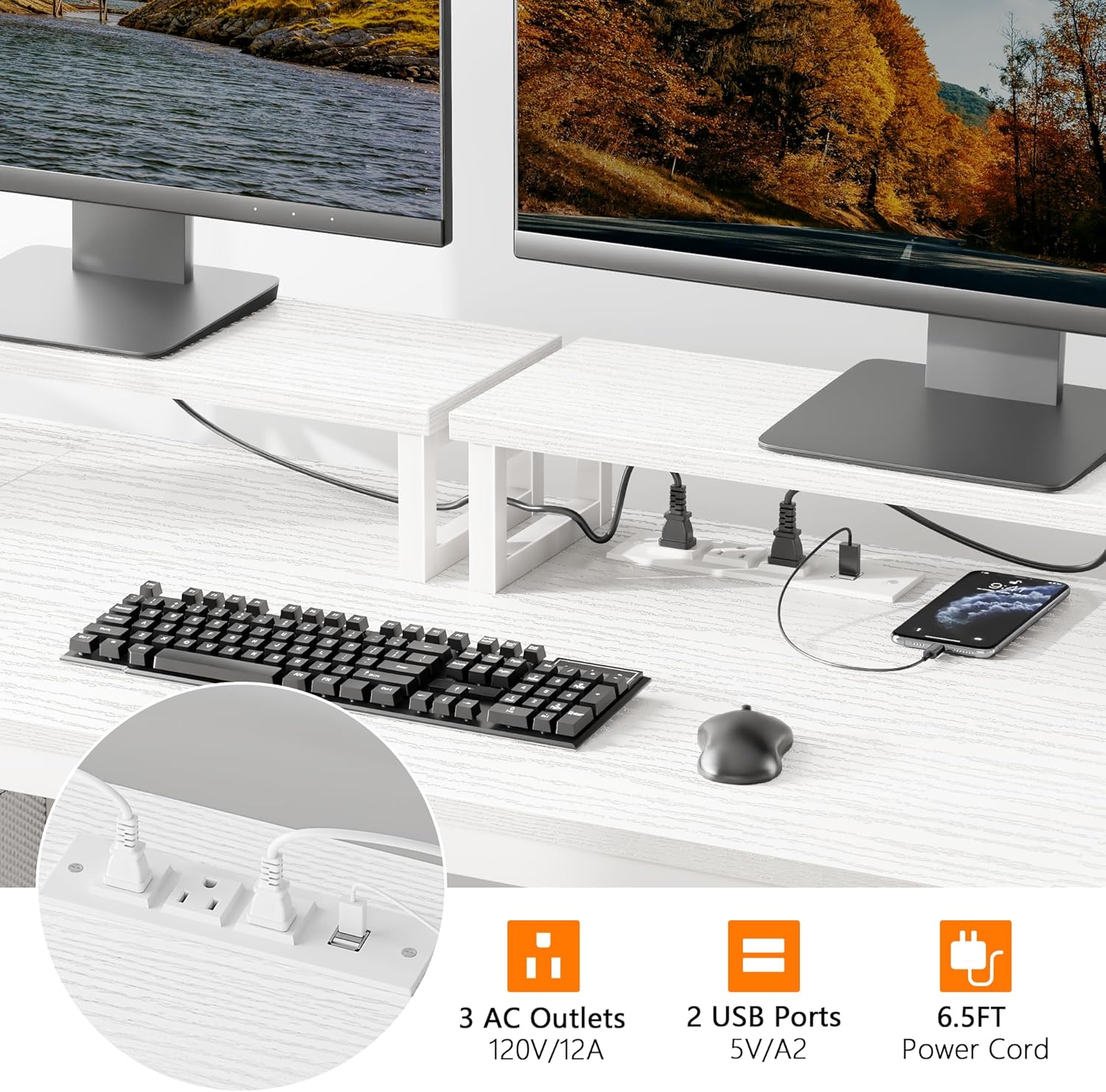 Furologee 47" Computer Desk with File Cabinet and Power Outlets, Home Office Desk with 2 Monitor Stands and Storage Drawer, Writing Gaming Table with Shelves and 2 Hooks for Bedroom, White