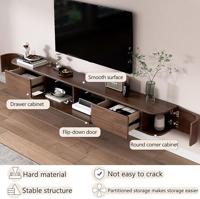Pre-Assembled Floating TV Stand with Drawers, Rubberwood Wall Mounted TV Console, Modern Media Console for Living Room, Space-Saving Floating TV Cabinet (Brown, 94.5in/240cm)