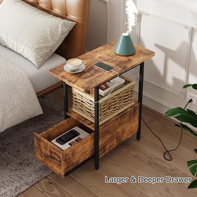 LIDYUK End Table with Charging Station, Narrow Side Table with Drawer and USB...