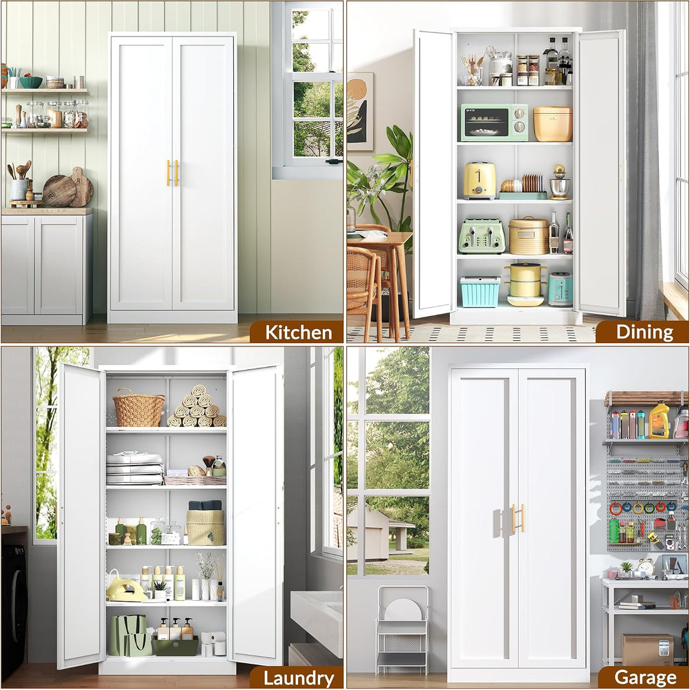 BESFUR 71" Tall White Kitchen Pantry Cabinet, Metal Food Storage Cabinet...
