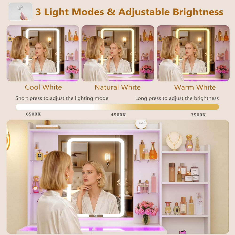 HUAHUU Vanity Desk with Mirror and Lights 3 Colors, 43.3" Makeup Vanity ...